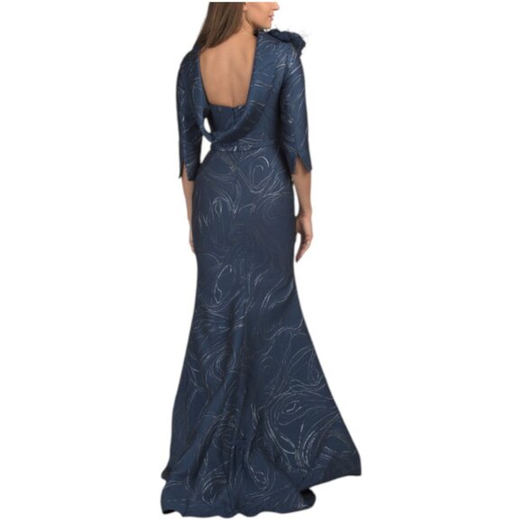 TERANI COUTURE Three-quarter Sleeve Roll Neck Jacquard Gown - Picture 2 of 3